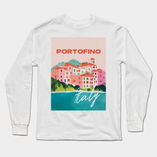 Portofino Abstract Gouache Travel Poster Italy Retro Wall Art Illustration Long Sleeve T-Shirt